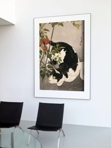 Vintage poster art Cat Prowling Around a Staked Tomato Plant by Takahashi Shotei