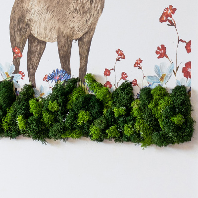 Framed moss wall art Deer among flowers