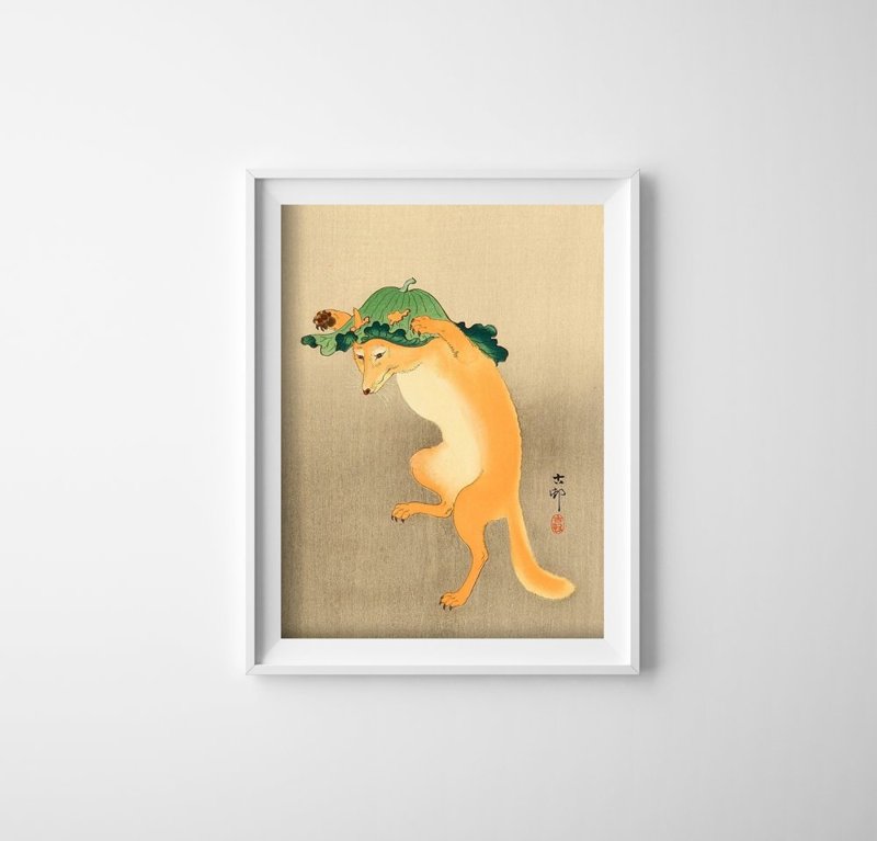 Poster Dancing Fox with Lotus Leaf Hat by Ohara Koson