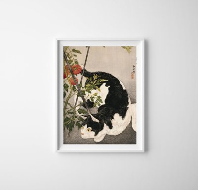Vintage poster art Cat Prowling Around a Staked Tomato Plant by Takahashi Shotei