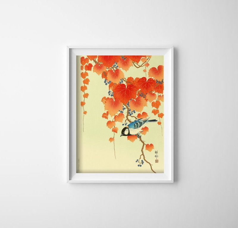 Vintage poster Bird and Red Ivy by Ohara Koson