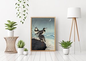 Poster Plovers Waves and Crescent Moon Ohara Koson Ukiyo