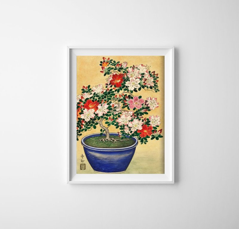 Canvas poster Blooming Azalea in Blue Pot by Ohara Koson