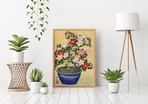 Canvas poster Blooming Azalea in Blue Pot by Ohara Koson