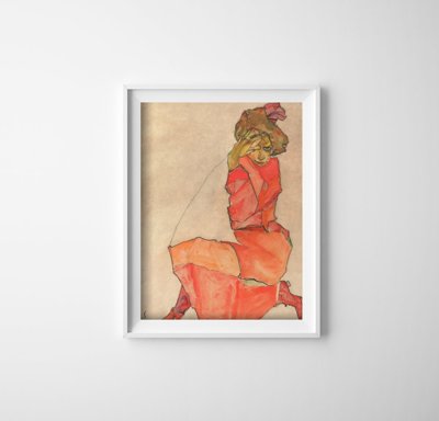Poster Egon Schiele Print Kneeling Female in Orange Red Dress