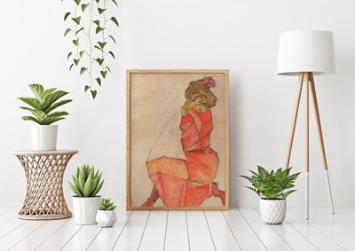 Poster Egon Schiele Print Kneeling Female in Orange Red Dress