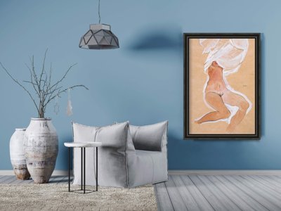 Vintage poster Sitting Nude Girl With Shirt Over The Head