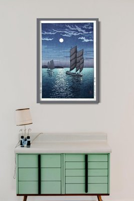 Vintage poster art Boats at Shinagawa Night by Tsuchiya Koitsu