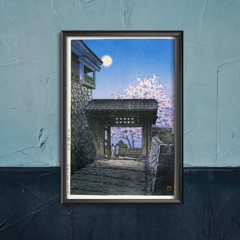 Vintage poster Cherry Blossom and Moon at Matsuyama Castle by Kawase Hasui