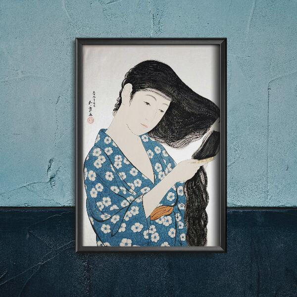 Vintage poster art Woman in Blue Combing Her Hair Hashiguchi Goyo Ukiyo-e