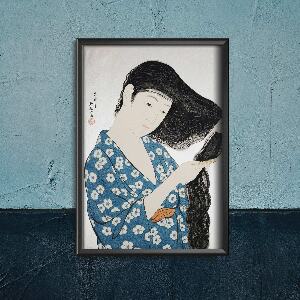 Vintage poster art Woman in Blue Combing Her Hair Hashiguchi Goyo Ukiyo-e