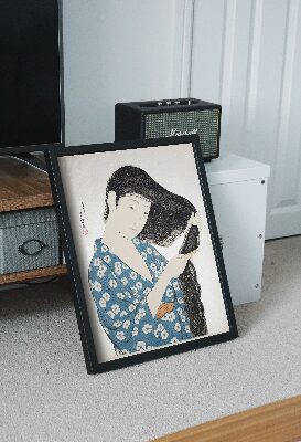 Vintage poster art Woman in Blue Combing Her Hair Hashiguchi Goyo Ukiyo-e