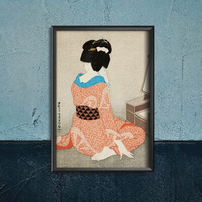 Vintage poster Woman In Red Shibori Kimono Before A Mirror Hakuho Hirano Ukiyo-e