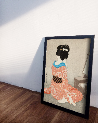 Vintage poster Woman In Red Shibori Kimono Before A Mirror Hakuho Hirano Ukiyo-e