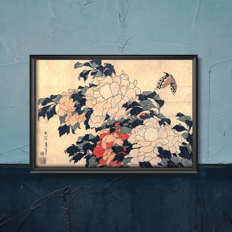 Poster Peonies And Butterfly Ukiyo-e