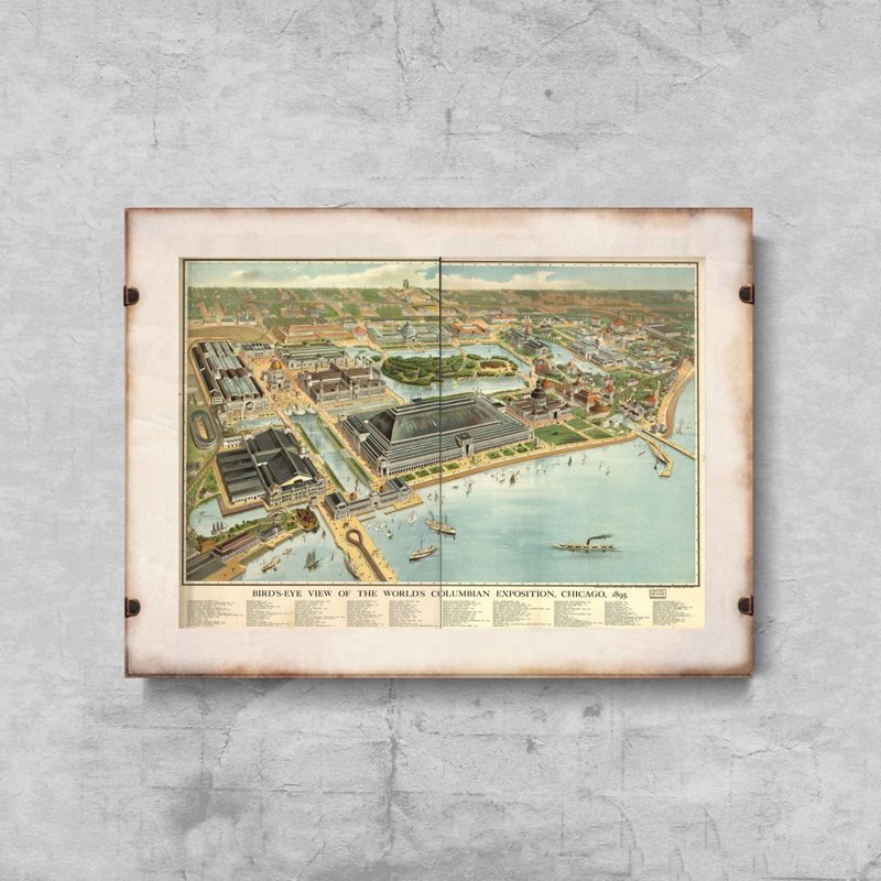 Vintage poster art Old Map of Birds Eye View Of the World Columbia Exposition