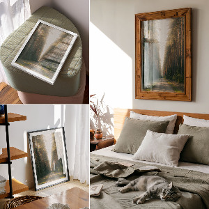 Wall art featuring a forest road scene