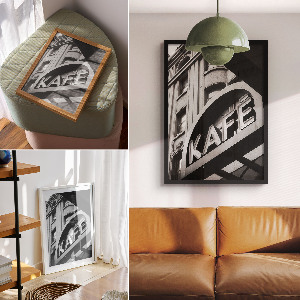 Decorative poster depicting a city cafe