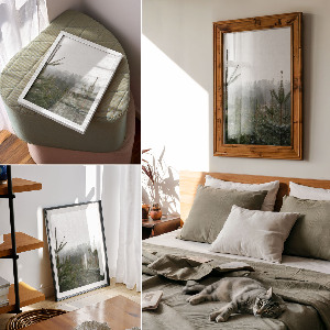 Decorative poster featuring green conifers