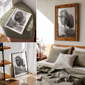 Wall art depicting a buffalo on a hill