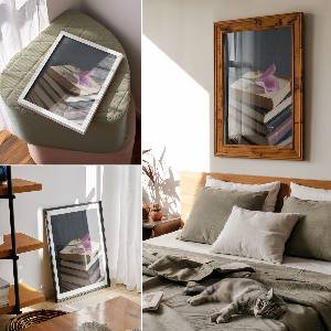 Wall art featuring a floral motif with books
