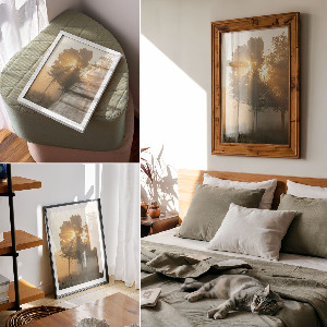 Wall art featuring a forest at dawn