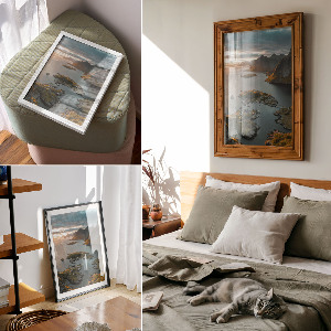 Decorative poster featuring a mountain panorama
