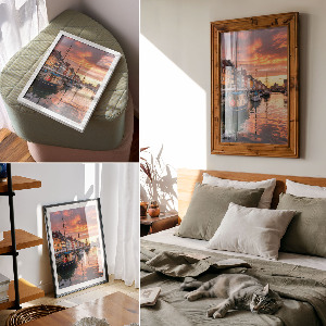 Decorative poster depicting a colorful waterfront scene