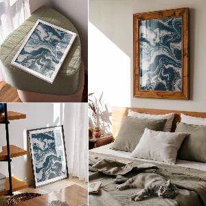 Wall art with a blue waves design