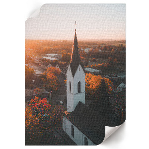 Art print depicting an autumn church scene