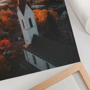 Art print depicting an autumn church scene