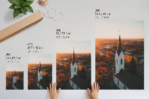 Art print depicting an autumn church scene