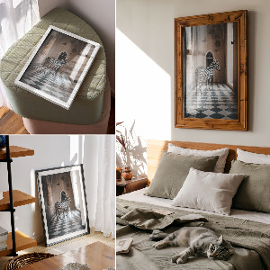 Decorative poster featuring a zebra in architectural surroundings