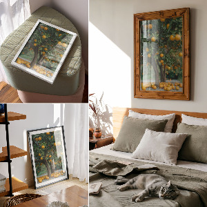 Wall print with an orange orchard motif