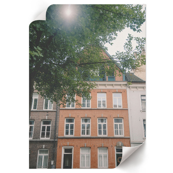 Decorative poster depicting a tenement house in a natural setting
