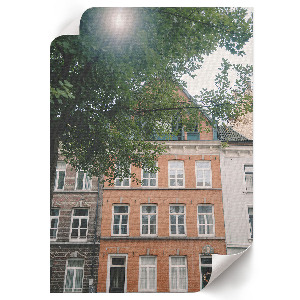 Decorative poster depicting a tenement house in a natural setting