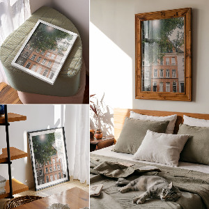 Decorative poster depicting a tenement house in a natural setting