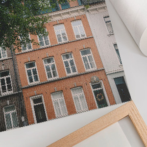 Decorative poster depicting a tenement house in a natural setting