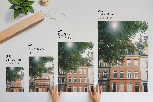 Decorative poster depicting a tenement house in a natural setting