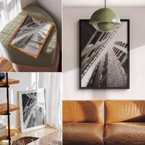 Art print depicting city buildings