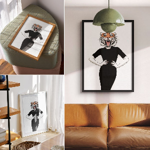 Decorative poster depicting a woman with a tiger motif