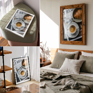 Wall print featuring a cup of coffee and a croissant