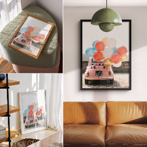 Poster featuring a car with balloons