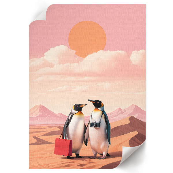 Decorative poster showing penguins in a desert scene