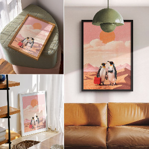 Decorative poster showing penguins in a desert scene