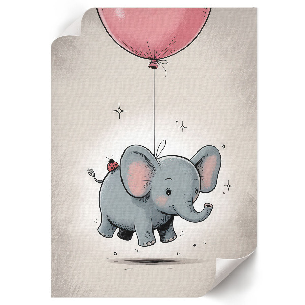 Wall print featuring an elephant holding a balloon