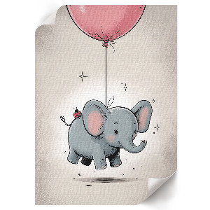 Wall print featuring an elephant holding a balloon
