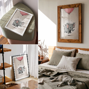 Wall print featuring an elephant holding a balloon