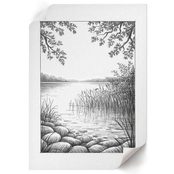 Poster depicting a sketch of a lake