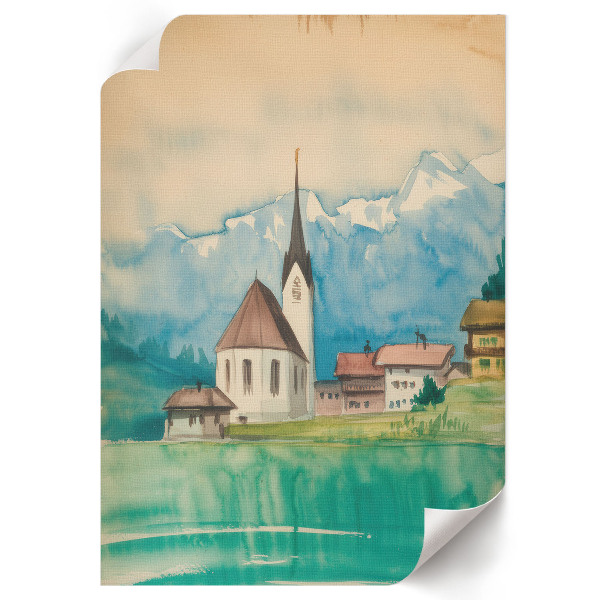 Decorative poster showing a mountain church